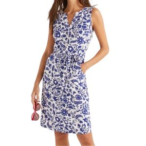 Boden Blue and White Floral Sleeveless Tie-Waist Dress